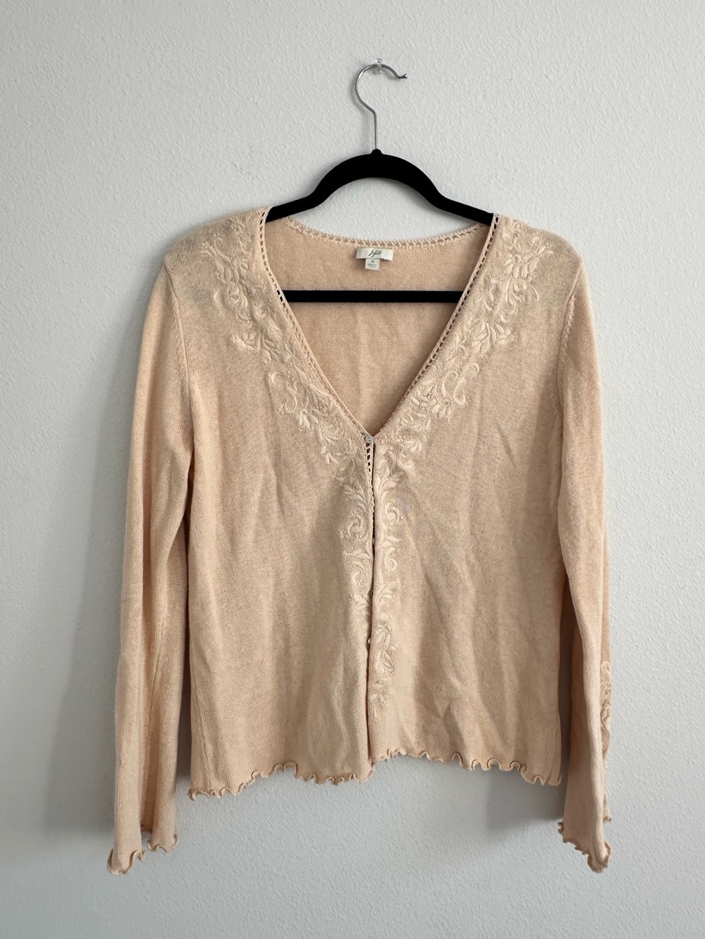 J. Jill Women’s Cream Lace Ruffle Trim Linen Cotton Blouse Top Button Front Sz S